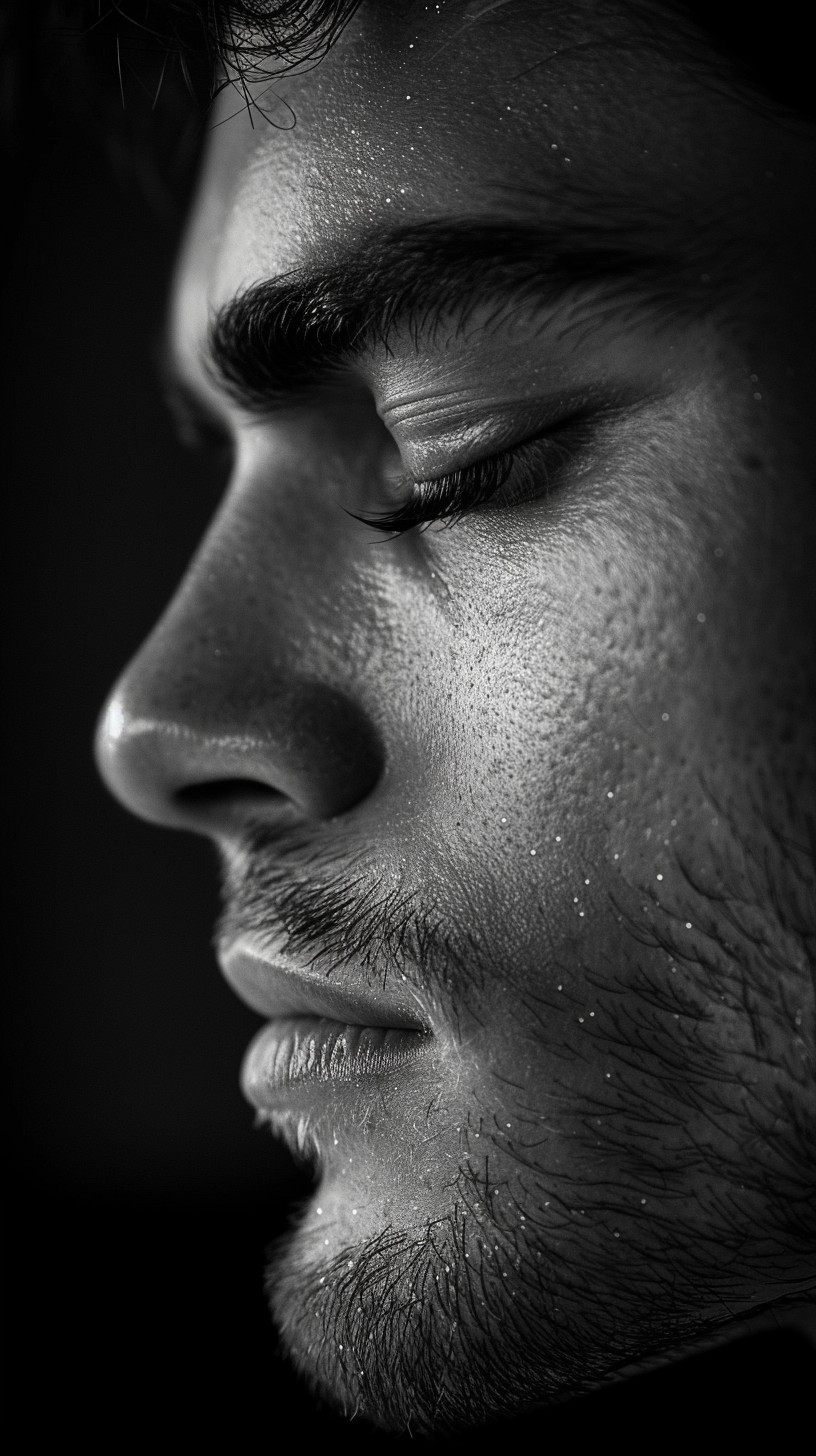 Close-up black and white man profile with eyes closed