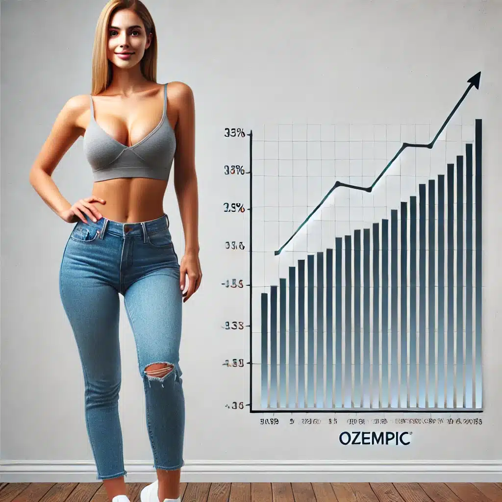 A confident woman standing next to a clean, professional line graph illustrating the trend of weight loss over time with Ozempic usage