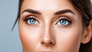 close-up portrait of a young woman with striking blue eyes. T